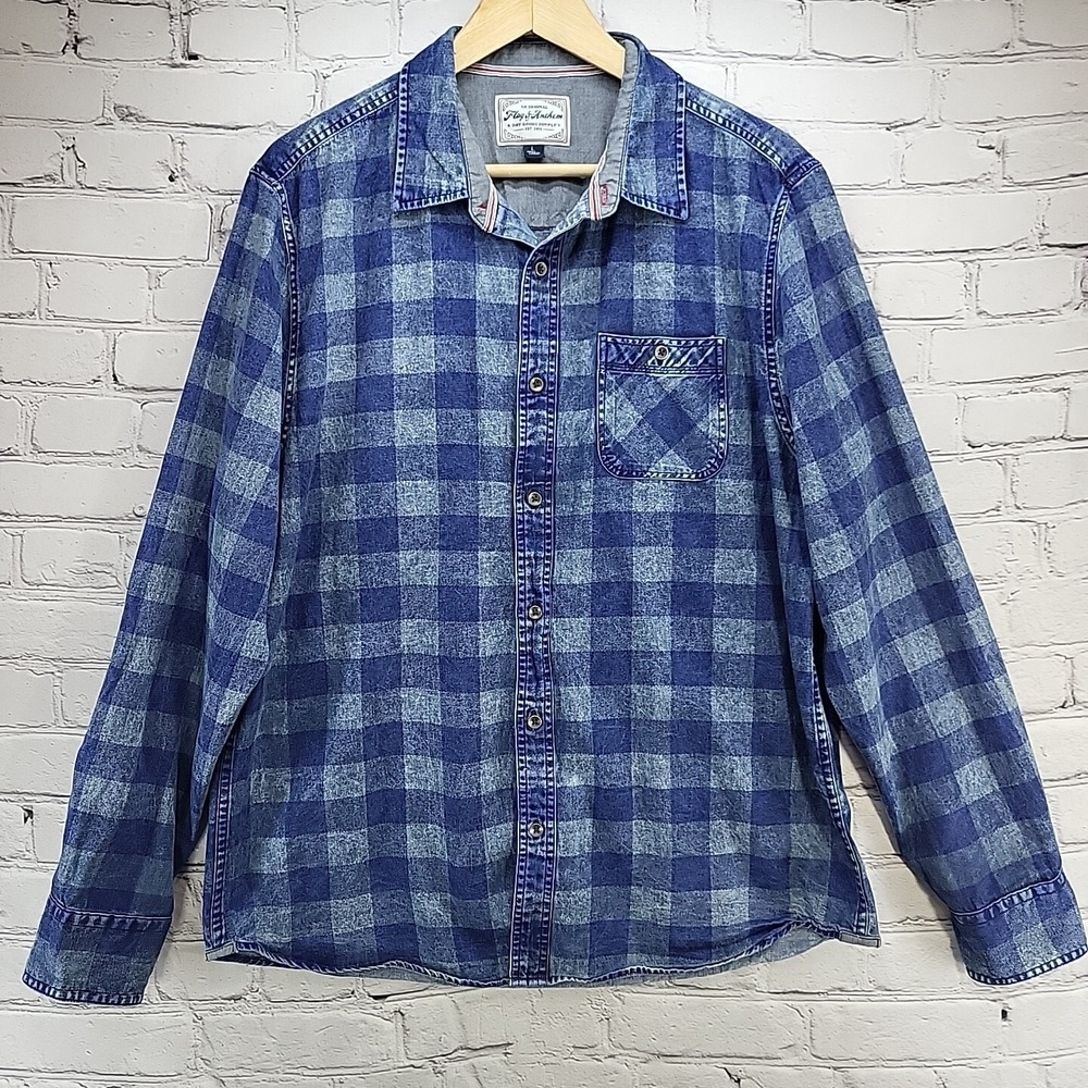 Flag and Anthem Denim Shirt Mens sz Large Blue Plaid Button Up Western Cowboy